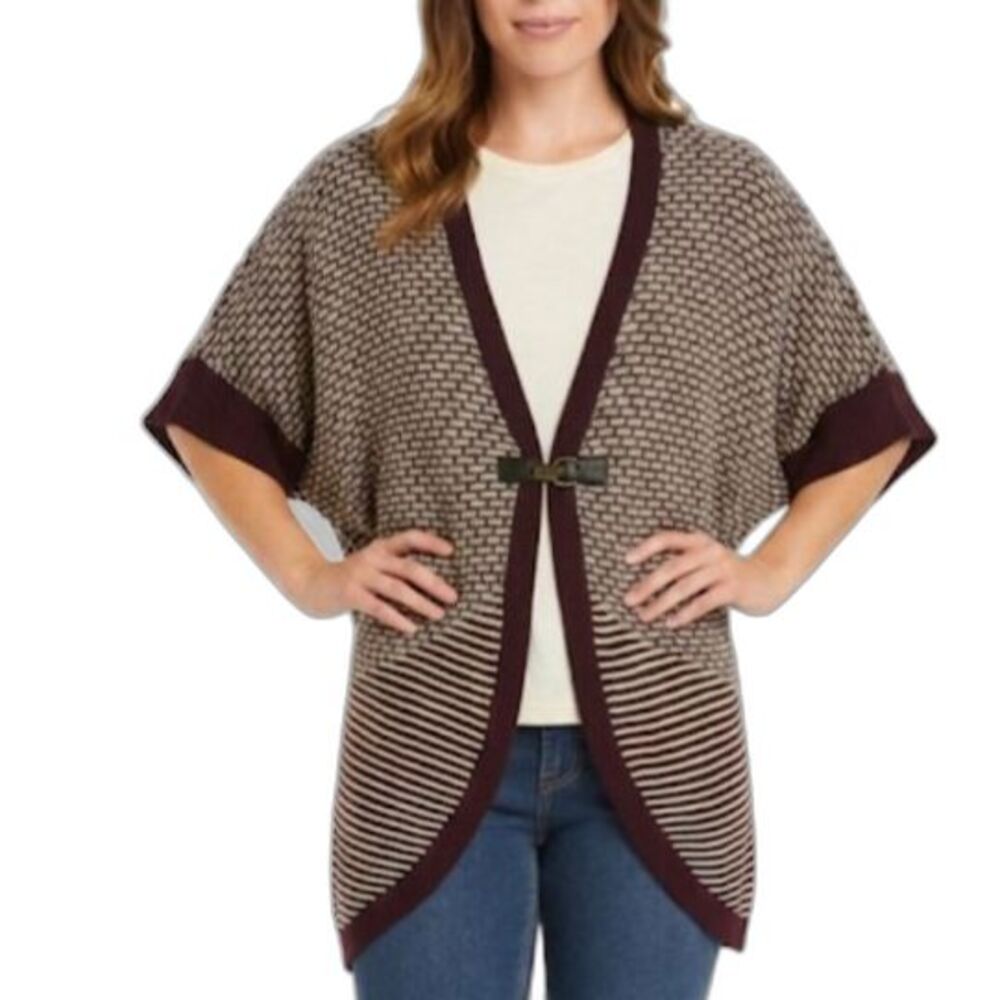 One A Womens Burgundy Ivory Fancy Knit Horse Bit Oversized Cardigan Sweater Sz S